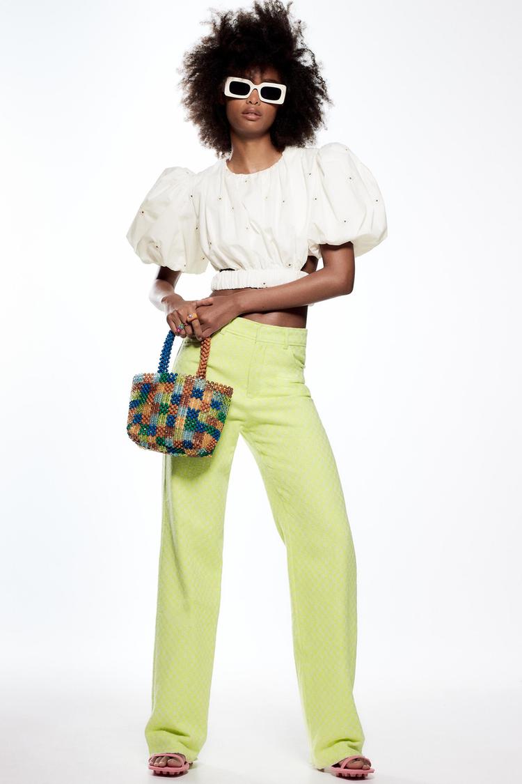 STRAIGHT GINGHAM TROUSERS Lime ZARA United Kingdom